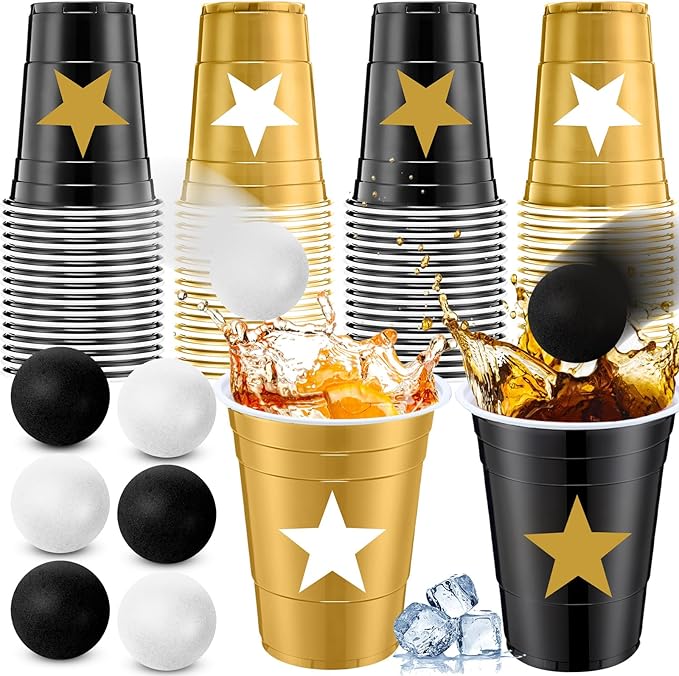 32 Pcs 2026 Graduation Party Star Game Set Include 16oz Black Gold Plastic Cups with 8 Balls, Plastic Cups for Graduation Party Decor Juice Beverage Outdoor Toss Game Supplies