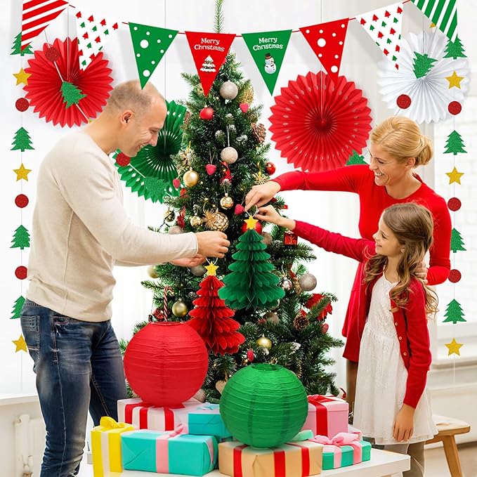 Christmas Party Decorations - Red & Green Christmas Flag, Xmas Tree Honeycomb Balls Garland Paper Fans Paper Lanterns for Holiday Party Decorations Winter Party New Year's Eve Classroom Decor