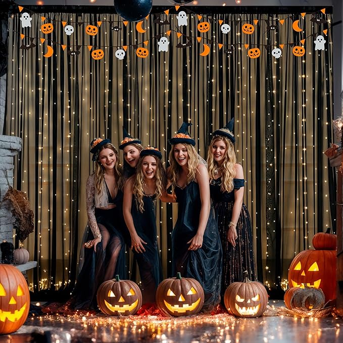 10x10ft Black Chiffon Backdrop Curtain with Lights String for Wedding Sheer Tulle Curtain Photo Backdrops Drapes for Baby Shower Birthday Party Home Ceremony Decorations