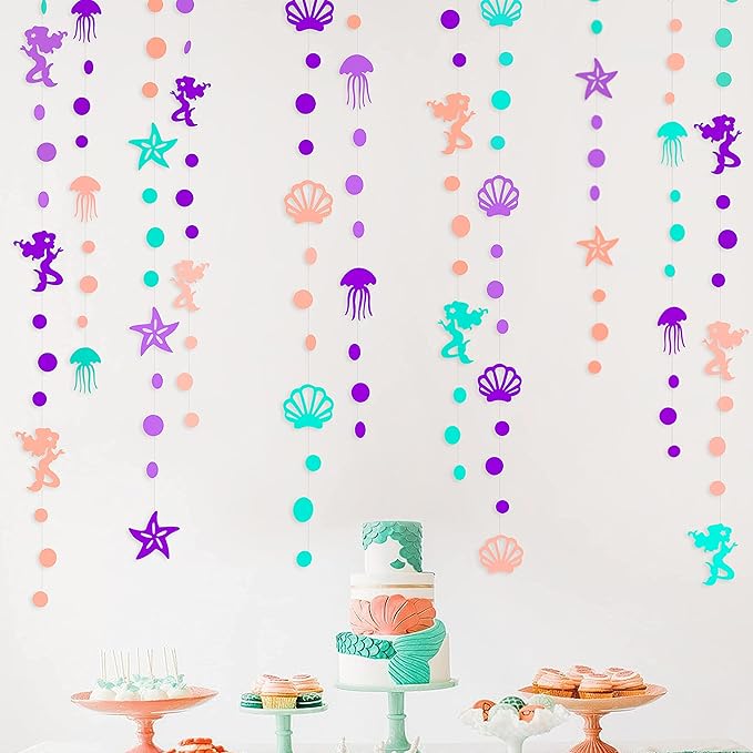 52 Ft Mermaid Party Decorations Purple Teal Coral Garland with Jellyfish Seashell Starfish Pearl Lavender Aqua Paper Streamer for Under The Sea Little Mermaid Theme Birthday Bachelorette Baby Shower
