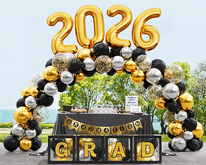 Graduation Party Decoration Class of 2026, 86PCS Black & Gold Graduation Party Supplies High School College Grad Balloon Boxes with Letter, Foil Curtains, LED String Light, Balloon Garland Kit