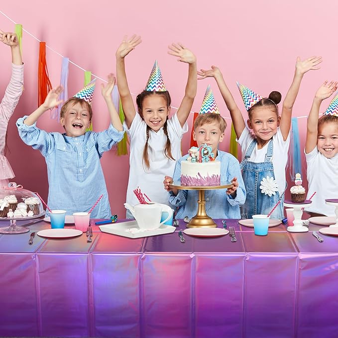 3 Pack Ombre Iridescent Pink and Purple Plastic Tablecloths, Shiny Disposable Laser Rectangle Table Covers Holographic Foil Tablecloth Iridescent Party Decoration Birthday Bridal Wedding, 54x108 Inch