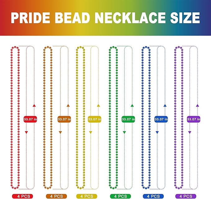 24PCS Pride Necklace Stuff, Rainbow Beads Pride Accessories, 6 Kinds of Metallic Rainbow Beads Bulk, Gay Lesbian Pride Necklace for Women Men, Costumes Decor for Pride Month Parade Throws Party Favors