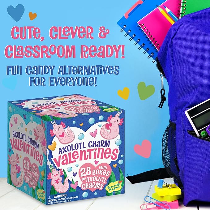 Peaceable Kingdom Valentines Box for Kids, Valentines Day Box Kit for Valentines Cards for Kids Classroom - Axolotl Friendship Charms