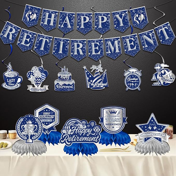12Pcs Retirement Party Decorations for Men Women Blue Silver Happy Retirement Banner Honeycomb Centerpiece Swirls Party Supplies Retired Farewell Party Set Work Graduation Party Decorations