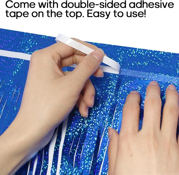 2 Pack Fringe Curtains Backdrops, Foil Fringe Curtains, Door Streamers for Birthday Wedding Bridal Shower Holiday Graduation Party Decorations, Photo Booth Backdrops, Glitter Blue