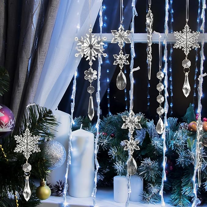 18pcs Crystal Christmas Ornaments for Tree Decorations-Hanging Acrylic Snowflake Icicle Ornaments with Drop Pendants for Winter Wonderland Chandelier Crystals Decorations Supplies (Pack of 2)