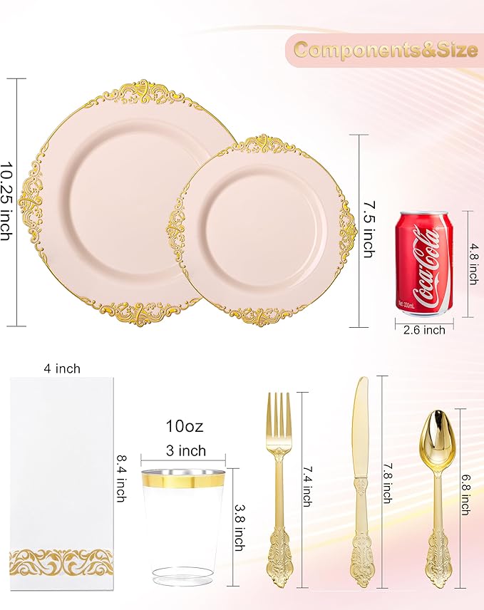 Nervure 350PCS Pink Plastic Plates - Pink Plastic Dinnerware Sets for 50 Guests - 100 Disposable Plates, 150 Gold Silverware, 50 Cups, 50 Napkins Perfect for Wedding & Party & Easter