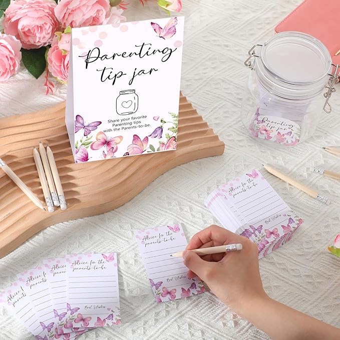Roowest Baby Shower to Baby Advice Cards for New Parents to Be - Tip Jar Sign for New Parents 60 Parenting Advice Cards 10 HB Pencils 2 Cute Stickers 1 Pet Bottle for Guests Games(Butterfly)