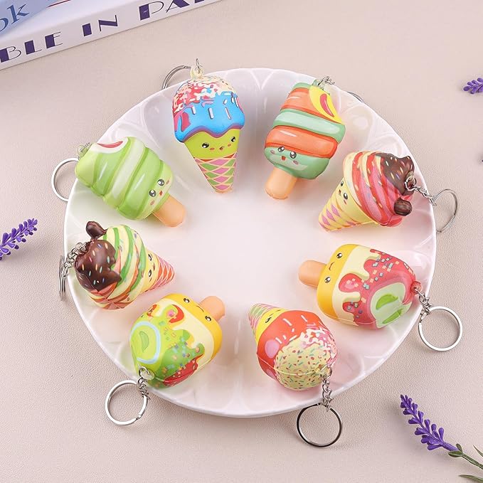 Anboor Mini Food Squishies Toys - 8pcs Soft Kawaii Ice Cream Popsicles Squeeze Stress Relief Sensory Toys for Kids, Slow-Rising Squishies Keychain Fidget Toys for Party Favors Goodie Bag Fillers