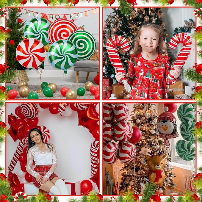 36Pcs Christmas Balloons Kit, Cane Candy Foil Balloons with Ribbons, Red Green Mylar Balloon for Party Decorations
