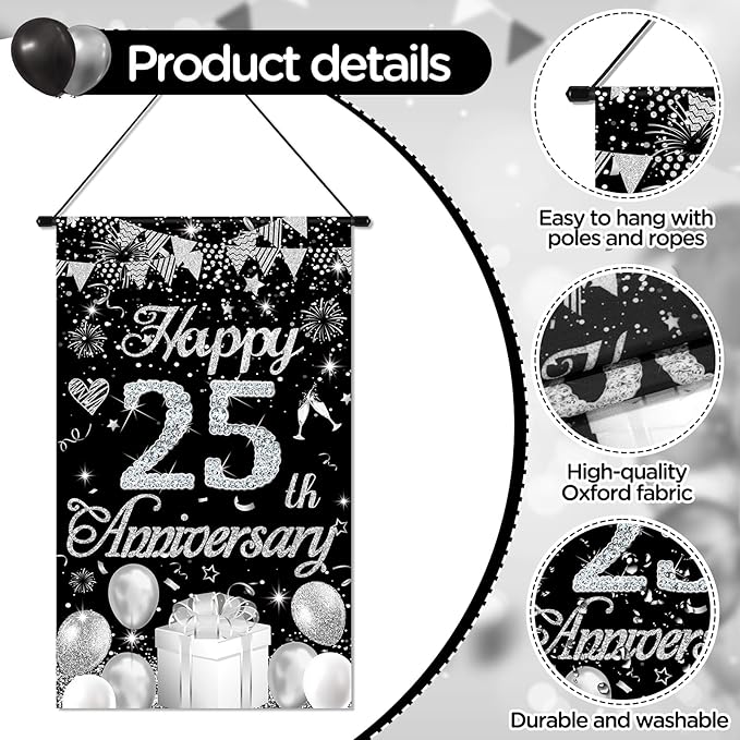 Happy Anniversary Decorations Small Banner Black Silver Happy 25th Anniversary Cruise Door Hanging Banner Porch Front Door Decor for Women Men 25 Years Silver Wedding Anniversaries Party Sign Supplies