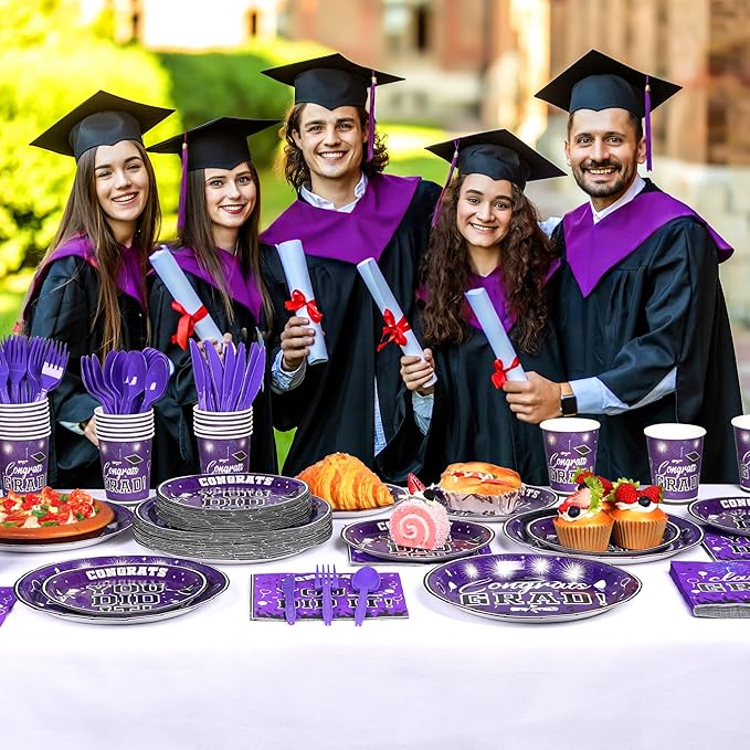 175PCS Graduation Plates and Napkins Set 2026 Graduation Party Supplies Tableware Set Include Paper Plate Napkin Cup Knife Fork Spoon for Grad Party Decor Serve25(Purple and black)
