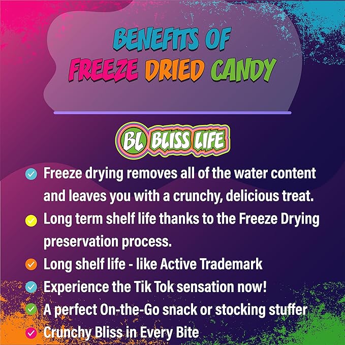 Bliss Life Freeze Dried Super Sour Colorful Candy, Crunchy Sweet, For Parties, Classroom, Office, Goodie Bags, Snack for Kids, (3oz)