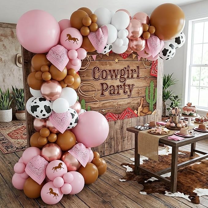 Cowgirl Balloon Arch Kit, Pastel Pink Brown White Rose Gold Balloon Garland with Cow Print and Paisley Bandana, for Rodeo Birthday Party, Western Baby Shower Decoration