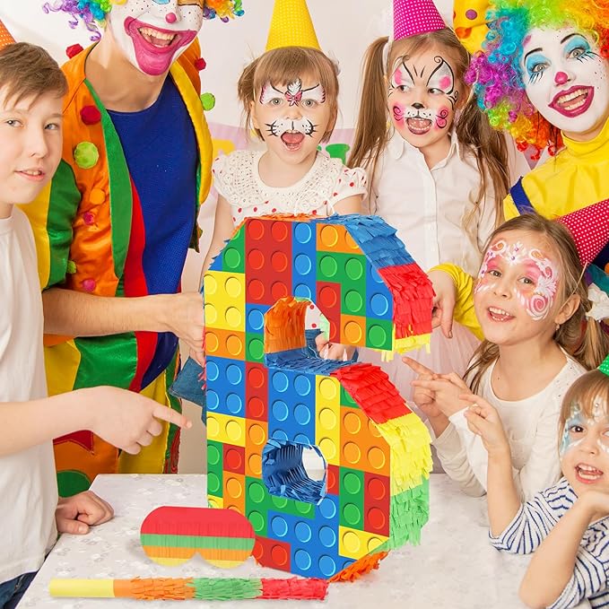 Number 6 Pinata Building Blocks 6th Birthday Party Decorations with Stick Blindfold for Kids Girls Boys Fiesta Carnival Games Happy Birthday Anniversary Celebration Party Supplies