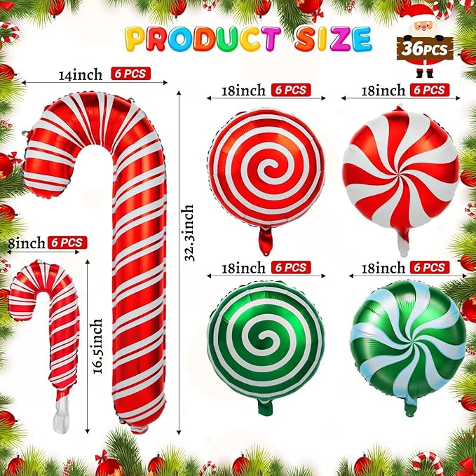 72Pcs Christmas Balloons Kit, Cane Candy Foil Balloons with Ribbons, Red Green Mylar Balloon for Party Decorations