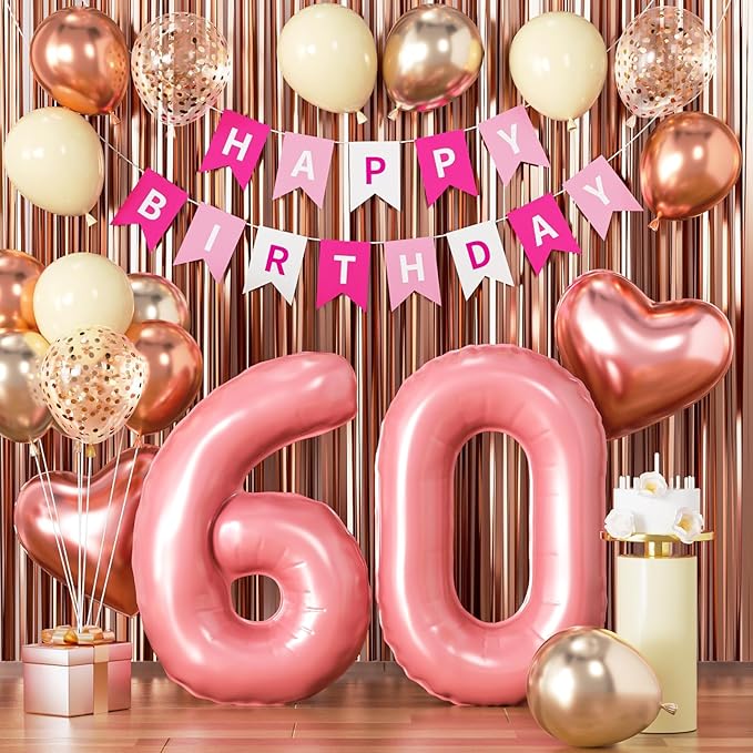 60th Birthday Decorations for Women, Rose Gold and Pink Party Supplies Set with Happy 60th Banner, Number 60 Balloon and Foil Fringe Curtains, 60 Year Old Kit