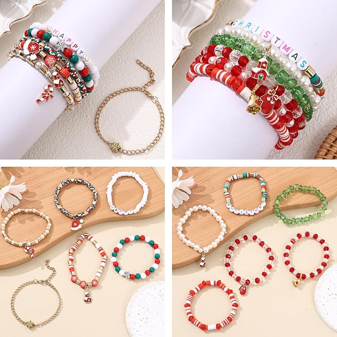 Cooluckday 36 Pcs Holiday Heishi Surfer Bracelets for Women Bulk Easter Mother's Day Christmas St. Patrick's Day Mardi Gras Bracelet Stackable Stretch Friendship Bracelets Set