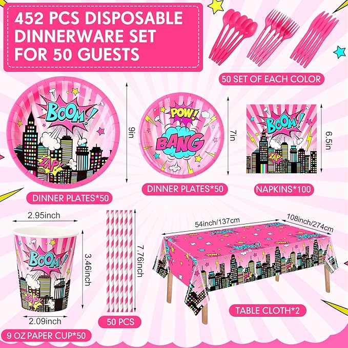 452 Pcs Girl Birthday Decorations for 50 Guests Pink Hero Paper Plates Napkins Cups Tablecloth Cutlery Straws for Pink Hero Birthday Baby Shower Party Supplies