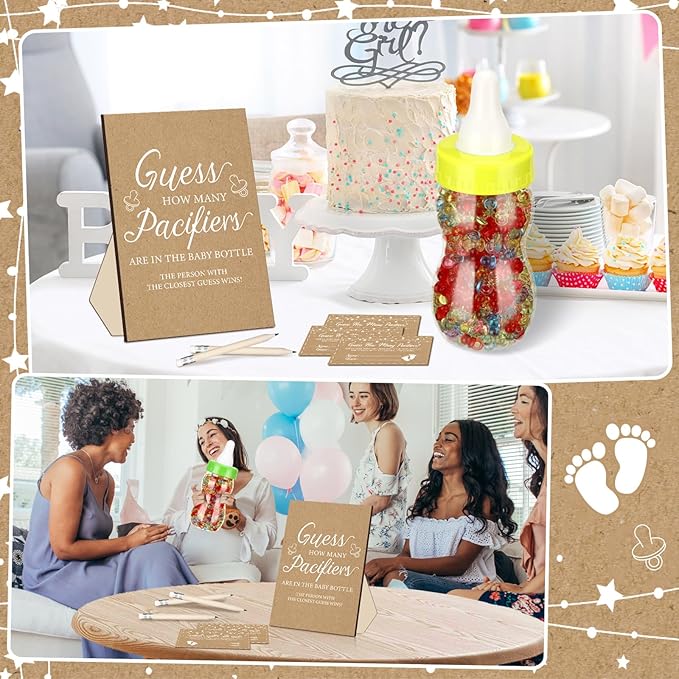 Syhood Kraft Baby Shower Games Guess How Many Pacifiers Rustic Game Sign 50 Small Guessing Games 20 HB Pencils 750 ml Milk Bottle 400 Acrylic Pacifiers Decorations Guests Gender Reveal Party Favors