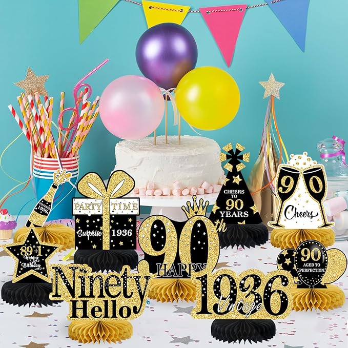 9Pcs 90th Birthday Decorations Honeycomb Centerpieces for Women,Black Gold Happy 90th Birthday Centerpieces Tables Toppers Party Decorations Supplies, Vintage 1936 Aged Table Sign Decor