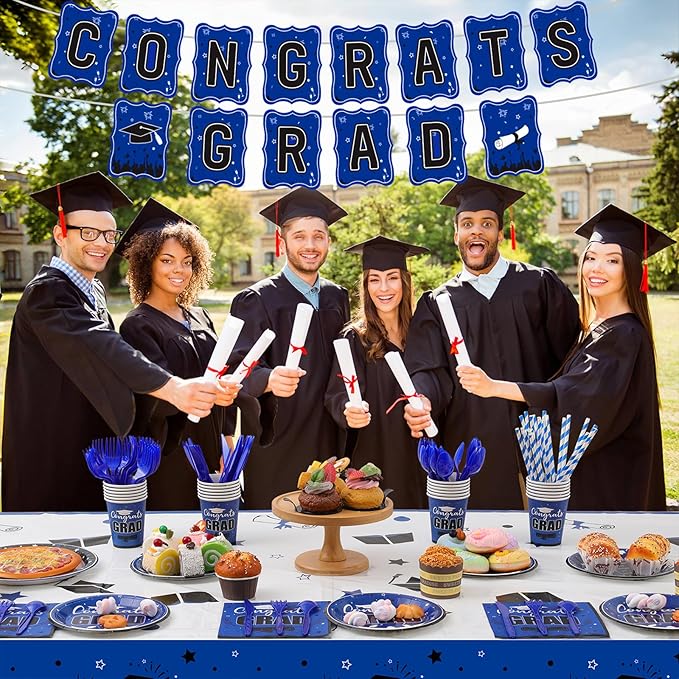 Graduation Party Supplies Congrats Grad Decorations Class of 2025, Disposable Plates and Napkins with Banner Tablecloth Cups Dinnerware Sets for Graduation Decor, Serves 24 (Blue and White)