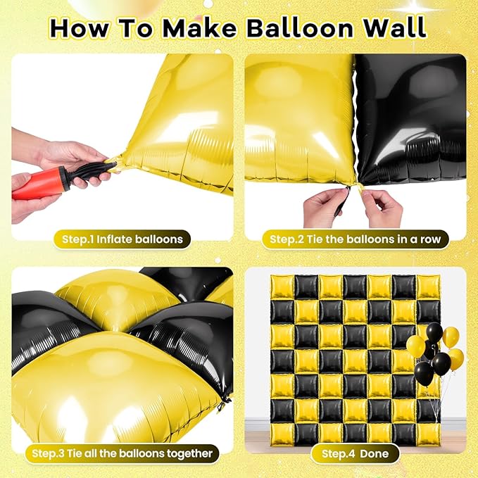 50 PCS Black and Gold Square Foil Balloons Wall Backdrop 19 Inch DIY Reusable Mylar Balloons Tunnel Garland Arch Kit for Graduation 2026, Retirement, Birthday, Anniversary Party Decorations