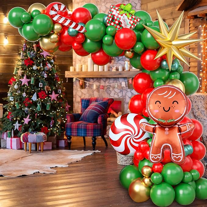 Christmas Balloon Garland Arch Kit, Red Green Gold Balloons with Bell Candy Cane Gingerbread Man Gold Explosion Star Foil Balloons for Christmas Party Decorations New Year Celebration