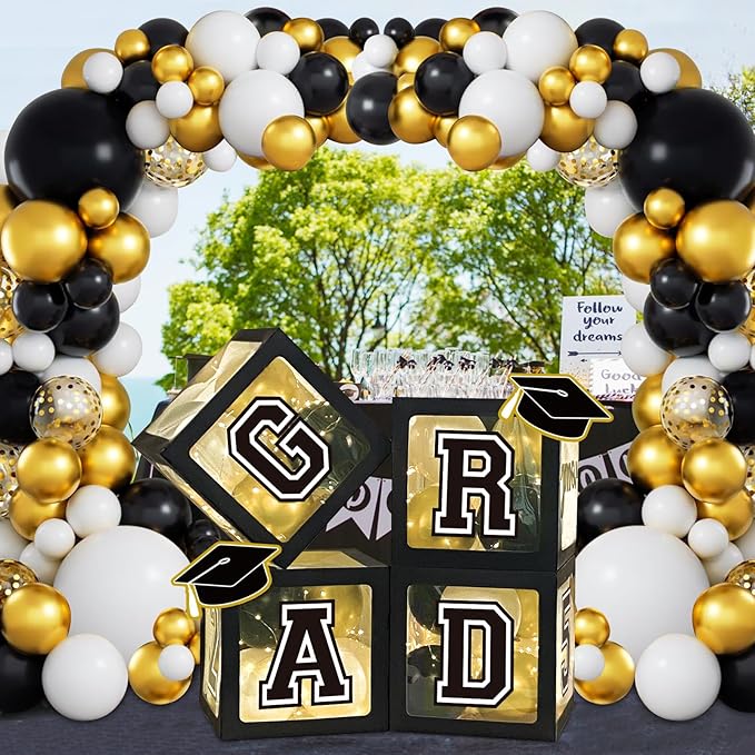 DAZONGE 2026 Graduation Decorations Black and Gold - Set of 4 Grad Boxes with 139pcs Balloon Arch Garland Kit & 4 Light Strings - So Proud of You 2026 Graduation Party Decorations for Any Grades