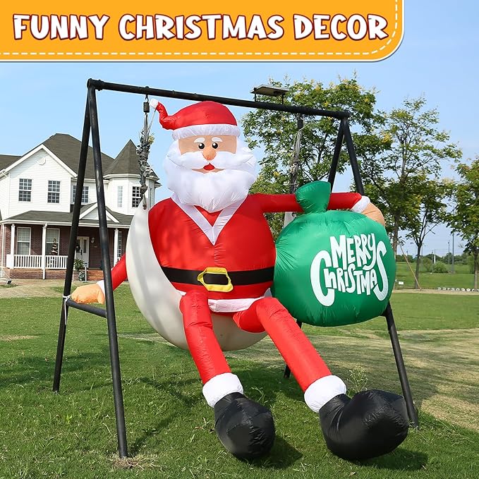 JOYHALO 8FT Christmas Inflatable Sitting Santa Claus Outdoor, Santa Blow Up Yard Decorations with Gift Bag, with Bright LED Lights, Climbing Santa for Roof Indoor Lawn Party Decor