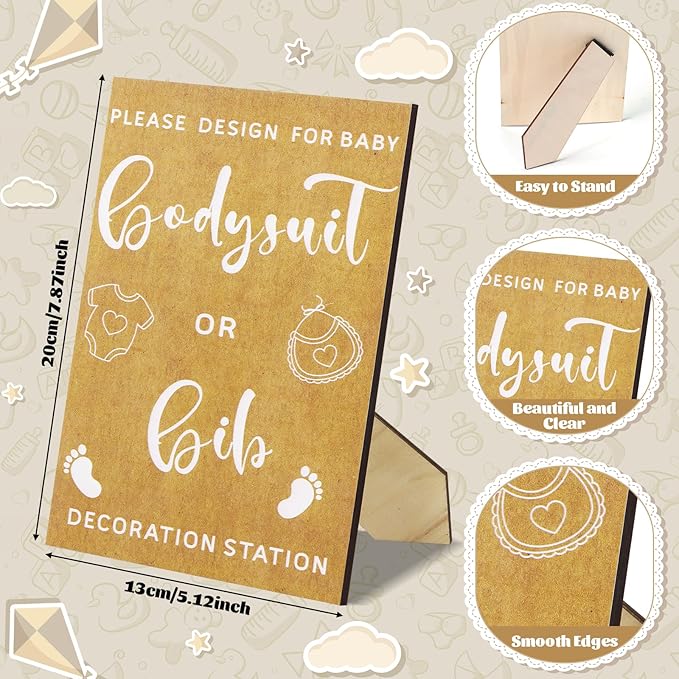 201 Pcs Baby Shower Set Baby Shower Game Sign Baby Bib Bodysuit White Baby Bib Newborn Bodysuit Baby Shower White Decorating Kit(Kraft)