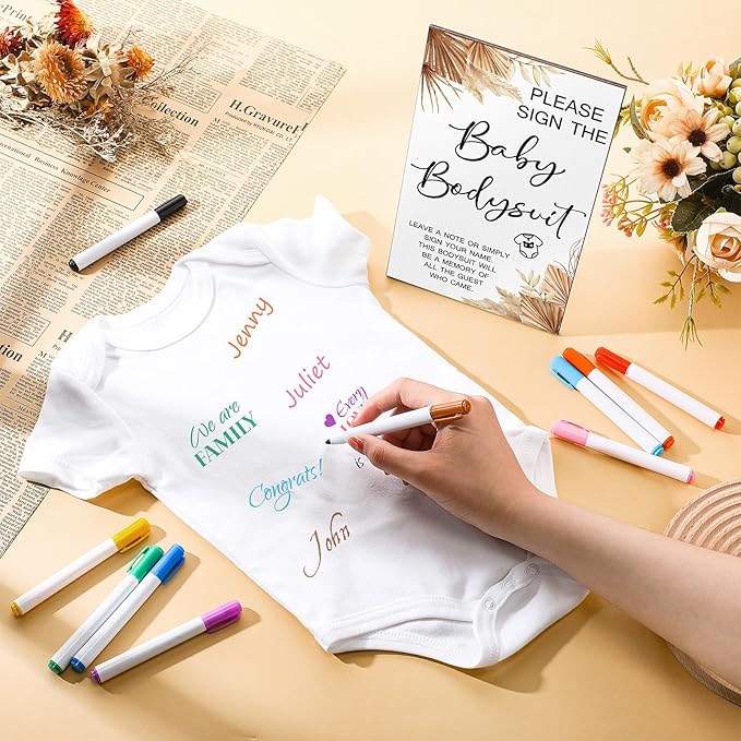 Qunclay 12 Pcs Baby Shower Game Decor with White Unisex Bodysuit Wooden Sign Tabletop Decor and Marker for Guests(Boho)