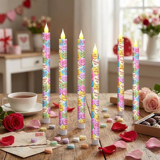 Honoson 6 Pcs Conversation Heart Decor 10.6 Inch Valentine Day Flameless Taper Candles Battery Operated LED Candlesticks for Conversation Hearts Party Valentine Wedding Anniversary Dinner Table Decor