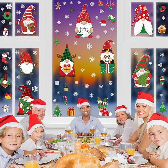 79 PCS Christmas Window Clings, Christmas Decorations, 9 Sheets Snowflake Xmas Window Decals Stickers for Glass, Cute Elf Decals for Ugly Sweater Party Decor Accessories Photo Booth Props