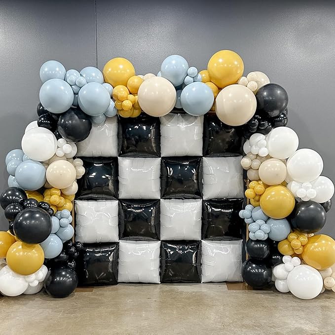 Black and White Square Foil Balloons Wall, 25PCS Double Sided Pearl White and Metallic Black Checkered Square Balloon Backdrop Wall Party Decorations for Racing Car Disco Birthdays New Year Background