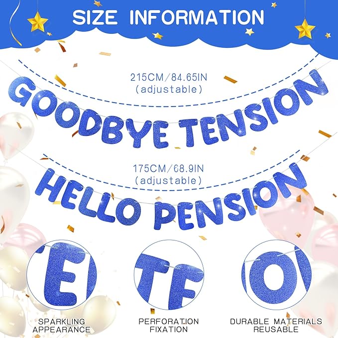 Retirement Banner Pre-Strung GOODBYE TENSION HELLO PENSION Banner Glitter Retirement Party Supplies Decorations for Women Men Office Home Decor (Blue)
