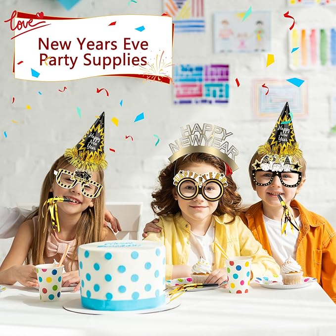 48 Pack Happy New Year Party Favor Set with New Year Headband Paper Eyeglasses Cone Hats and Glitter Fringed Noisemakers for New Year Eve Party Favors