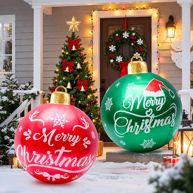 2 Pcs 24-Inch Christmas Ornaments, Large Flocked PVC Decorative Balls Christmas Themed Party Ornaments for Lawn, Garden, Patio and Indoor Decor (Red,Green)