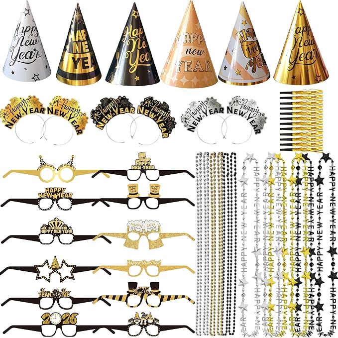 Ansoufien 2026 New Year Party Supplies 48PCS – New Years Eve Party Supplies Set with Cone Hats, Headbands, Glasses, Noisemakers and Bead Necklaces – Happy New Year 2026 NYE Decorations