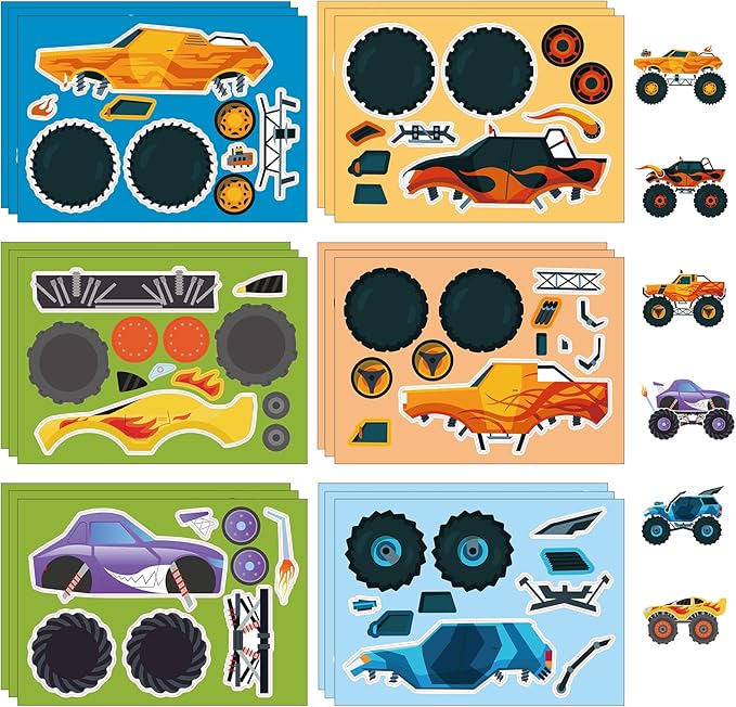 24 Sheets Monster Truck Make a Face Sticker Sheets for Kids Todders Activities, Make Your Own Stickers for Kids Birthday Party Favor Supplies Craft