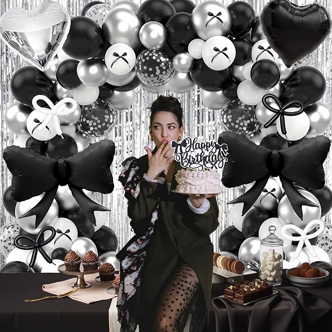 Black Bow Birthday Decorations, Coquette Bow Black and White Silver Balloons with Happy Birthday Banner Fringe Curtain Cake Toppers for Women Girls Baby Shower Party Supplies