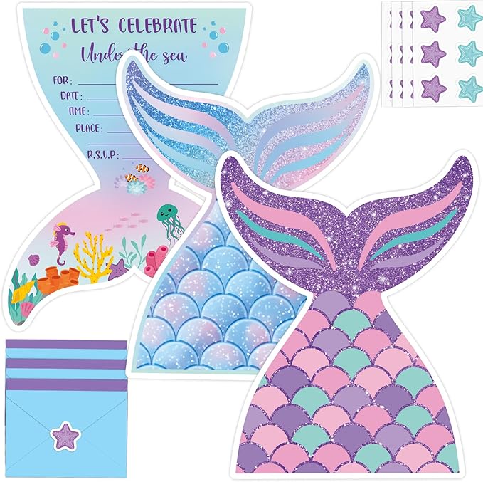 Qyeahkj 36 Sets Mermaid Birthday Invitations with Mermaid Envelopes Stickers Little Mermaid Invitations for Kids Birthday Mermaid Party Baby Shower Decoration Pool Party Supplies