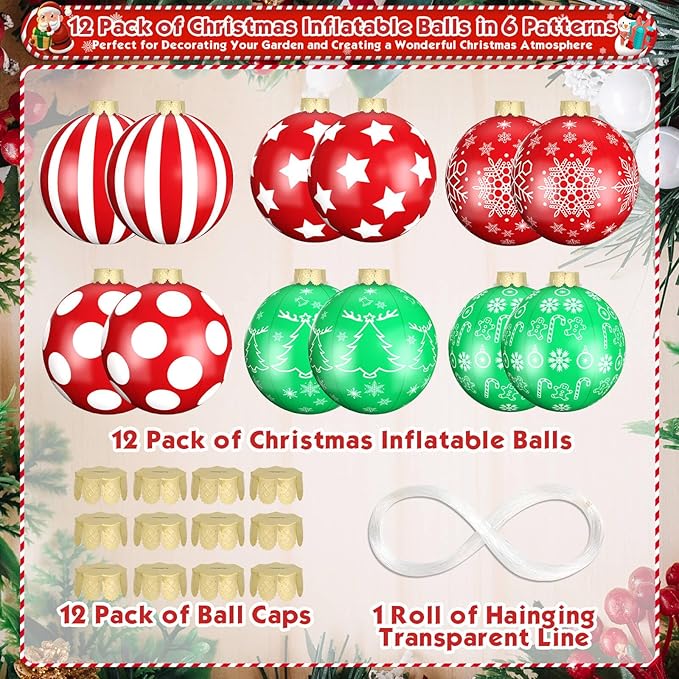 12 Pack Large Christmas Balls, 9 Inch Inflatable Christmas Ornaments for Outdoor Decoration, Big Christmas Ornaments Balls for Front Door Yard Tree Hanging Decoration