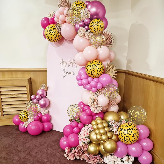 Hot Pink Cheetah Print Balloon Arch Kit, 112Pcs Pink Gold Balloon Garland with Gold Leopard Print Latex Balloon for Valentines Day Safari Jungle Animal Wild Cheetah Zoo Theme Birthday Party Decoration