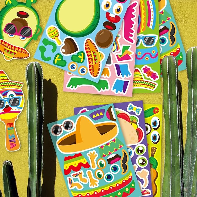 24 Sheets Make Your Own Mexican Carnival Stickers, Mexican Food Sticker, Cinco De Mayo Sticker, Avocado Cactus Guitar Stickers, Carnival Themed Party Supplies