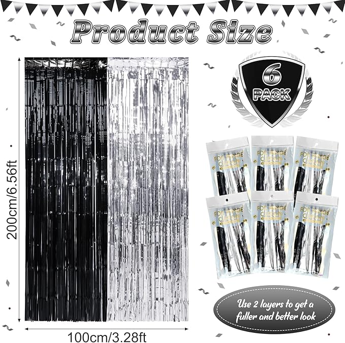 6 Pack 3.3Ft x 6.6Ft Graduation Foil Fringe Curtain Backdrop Decorations, Black Silver Metallic Tinsel Foil Streamers Curtain Photo Background for Graduation Prom Wedding Birthday Party Decorations