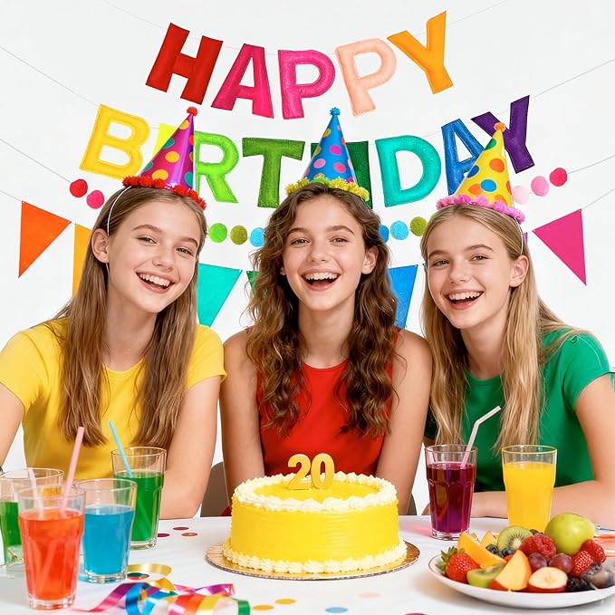 Pre-Strung 3PCS Happy Birthday Banner, 3D Rainbow Felt Happy Birthday Banner, Pom Pom Garland & Fabric Bunting, Rainbow birthday decorations, Happy Birthday Sign for Girls, Boys, Women & Men