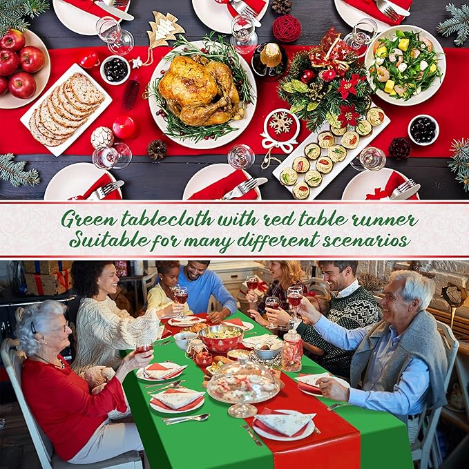 12 Pack 12x108 Inch Satin Table Runner and 84 Inch Rectangle Plastic Tablecloths Set Christmas Green and Red Disposable Table Cloth for New Year Christmas Wedding Holiday Anniversary Party Decorations