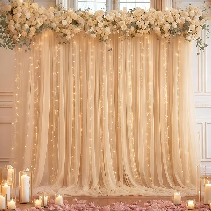 20×10ft Champagne Tulle Backdrop Curtain with Lights String for Parties, Sheer Curtain Backdrop Drapes for Wedding Party Photography Background